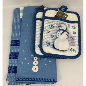 Holiday Time Kitchen 1 Snowman Towel w/2 Potholders & Snowflake Waffle Towel